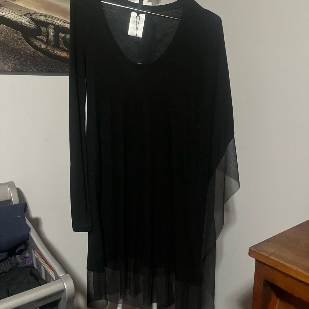 BCBGMAXAZRIA 'Gea' Black Soft knit Mix Sleeve Tunic Dress Mesh Draped Trim